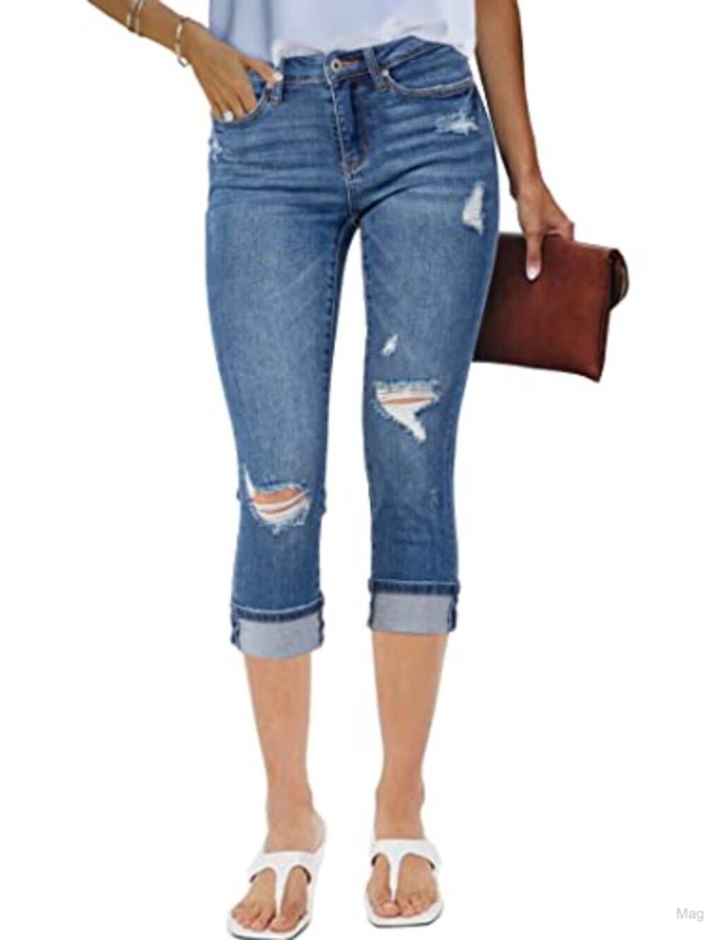 High Waisted Distressed Capri Jeans Women Stretch Skinny Cropped Denim Pants